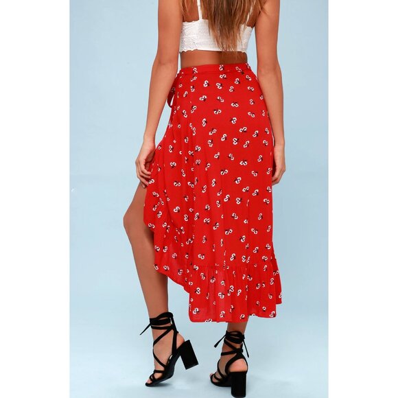 BILLABONG "Dancing Til Dawn Red" Floral Print Midi Wrap Boho Beach Skirt M - Picture 11 of 14